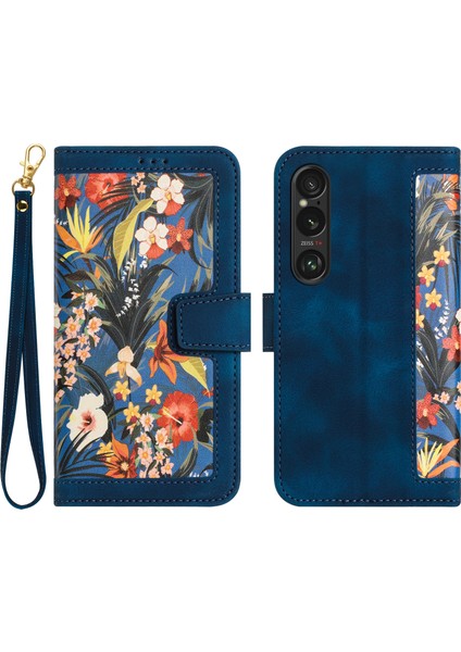 Sony Xperia 1 Vı Kılıf Çiçek Desenli Kart Yuvaları Deri Telefon Kılıfı-Koyu Mavi (Yurt Dışından)