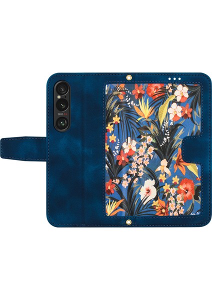 Sony Xperia 1 Vı Kılıf Çiçek Desenli Kart Yuvaları Deri Telefon Kılıfı-Koyu Mavi (Yurt Dışından)