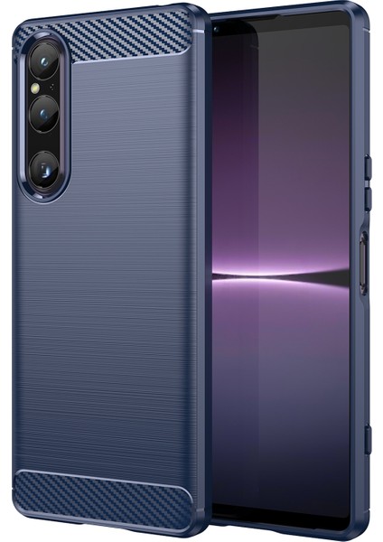 Sony Xperia 1 V Fırçalanmış Telefon Kılıfı Karbon Fiber Doku Telefon Kabuğu Cep Telefonu Kapağı-Mavi (Yurt Dışından)