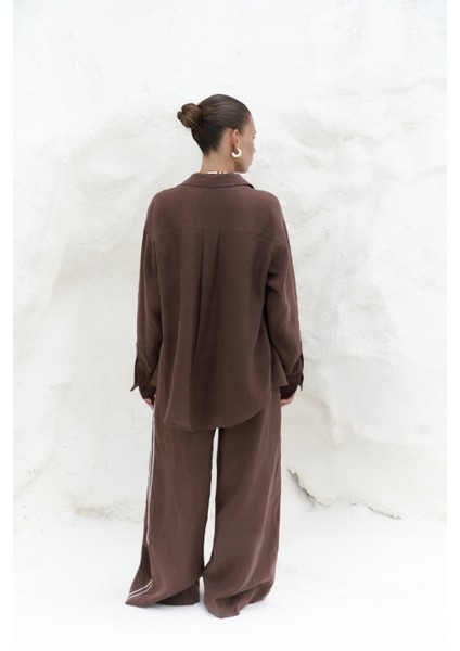 Orchidea Oversize Kahve Keten Gömlek Takım