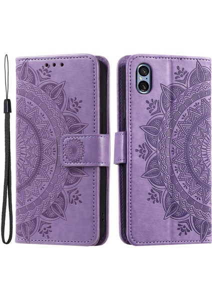 Sony Xperia 5 V Mandala Çiçek Baskılı Cüzdan Pu Deri Telefon Kılıfı Standı Kılıfı Kayışlı-Mor (Yurt Dışından)