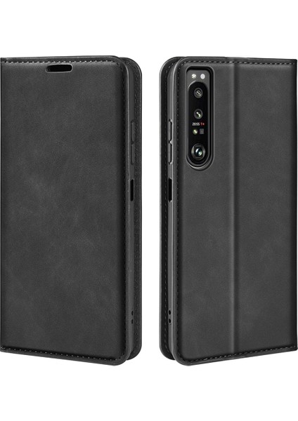 Sony Xperia 1 Iv Için Skin Touch Hissi Folio Flip Telefon Kılıfı, Cüzdan Standı Pu Deri Otomatik Emilen Manyetik Kapak-Siyah (Yurt Dışından)