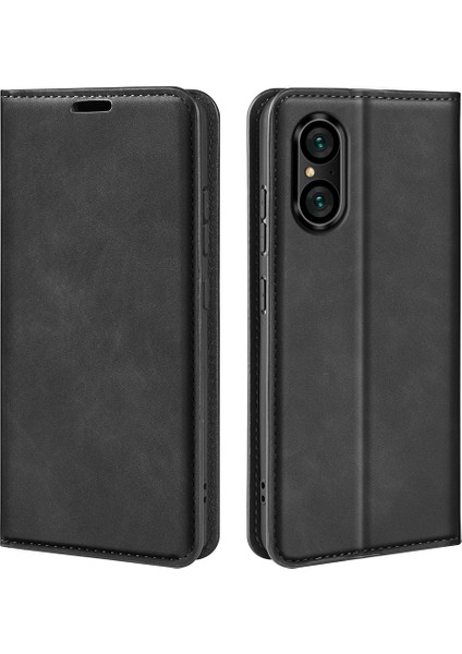 Sony Xperia 5 V Pu Deri Telefon Kılıfı Cilt Dokunma Hissi Cüzdan Standı Düşmeye Lı Kapak-Siyah (Yurt Dışından)