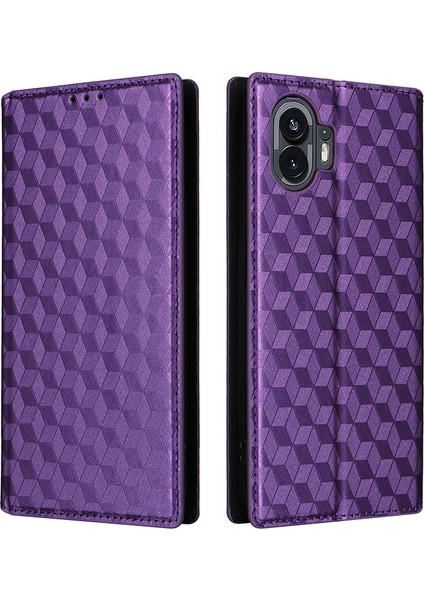 Hiçbir Şey Için Telefon(2)Eşkenar Dörtgen Baskılı Darbeye Dayanıklı Kılıf Pu Deri Cüzdan Standlı Telefon Kılıfı-Mor (Yurt Dışından)