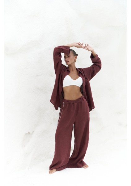 Orchidea Oversize Bordo Keten Gömlek Takım