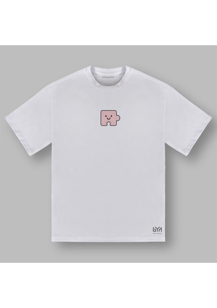 Pembe Yapboz Parçası Karakterli Beyaz Oversize Tişört