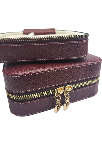Bordo Küçük Fermuarlı Takı ve Seyahat Çantası, Şık ve Kullanışlı Tasarım