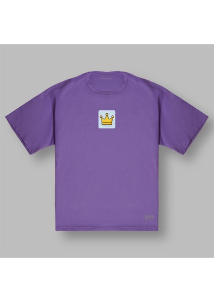 Sarı Taç Figürlü Unisex Mor Oversize Tişört
