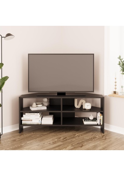 Roy B1430 Köşe Tv Ünitesi Tv Sehpası – Siyah | Minimal Açık Raflı
