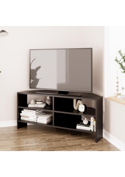 Roy B1430 Köşe Tv Ünitesi Tv Sehpası – Siyah | Minimal Açık Raflı