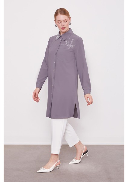 Antrasit Taş Baskılı Tunik modelleri