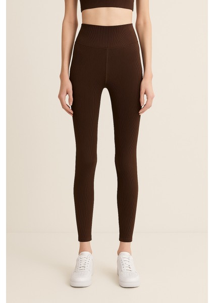 Yüksek Bel Toparlayıcı Ripli Fitilli Spor Kadın Tayt