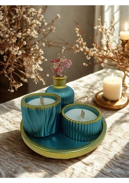 Turkuaz ve Altın Renkli 4'lü Dekoratif Mum Seti, Şık ve Zarif Ev Dekorasyonu Için