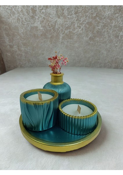 Turkuaz ve Altın Renkli 4'lü Dekoratif Mum Seti, Şık ve Zarif Ev Dekorasyonu Için modelleri