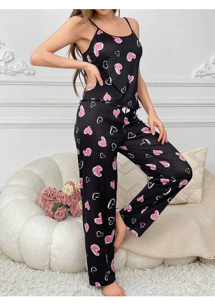 Kadın Baskılı Desenli Gecelik Askılı Pijama Takımı Love