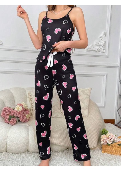 Kadın Baskılı Desenli Gecelik Askılı Pijama Takımı Love modelleri