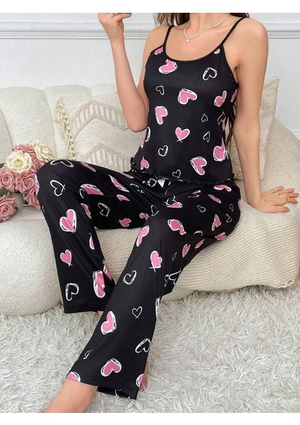 Kadın Baskılı Desenli Gecelik Askılı Pijama Takımı Love indirimleri