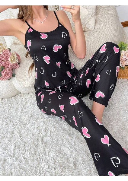 Kadın Baskılı Desenli Gecelik Askılı Pijama Takımı Love