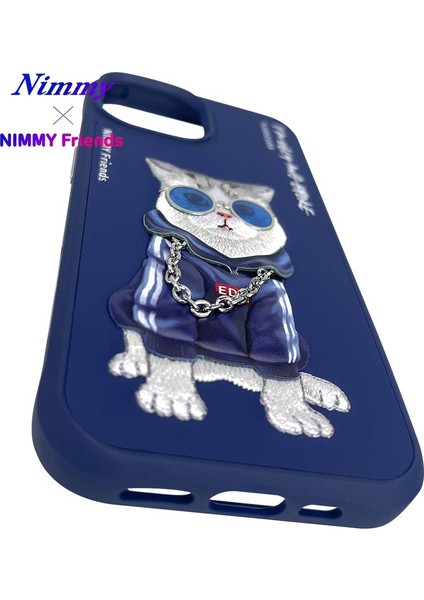 iPhone 15 Uyumlu 3D Gözlük Zincir Handsome Kedi Detaylı Nakış İşlemeli Kabartmalı Cool Glasses Kılıf