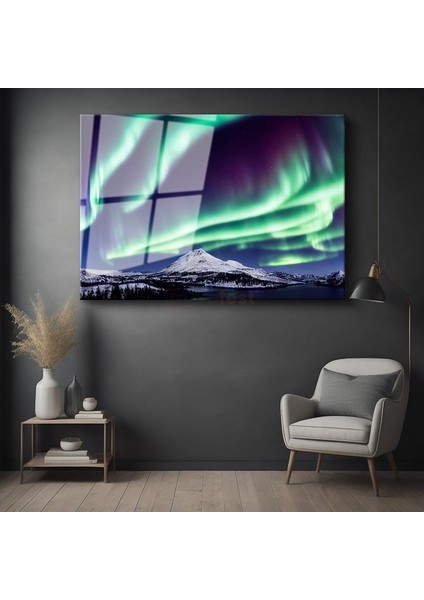 Aurora Borealis - Karlı Dağ Zirvesi Üzerinde Işık Şöleni Cam Tablo