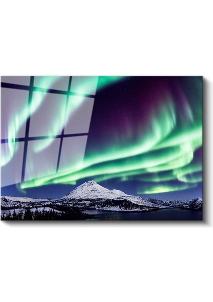 Aurora Borealis - Karlı Dağ Zirvesi Üzerinde Işık Şöleni Cam Tablo fiyatları