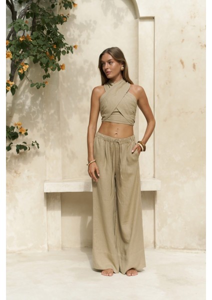 Moira Haki Keten Crop Pantolon Takım