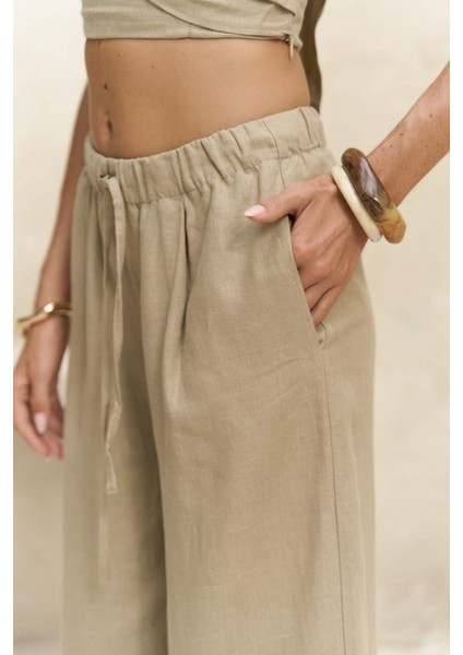 Moira Haki Keten Crop Pantolon Takım