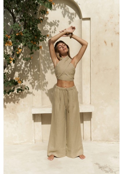 Moira Haki Keten Crop Pantolon Takım