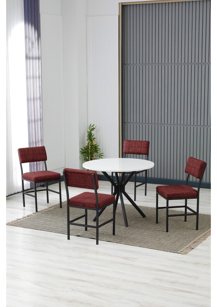 Dubai Modeli Yuvarlak Mutfak Masa Sandalye Takımı, 4 Sandalye 1 Sabit Beyaz Masa 90X90 Cm, Keten Kumaş