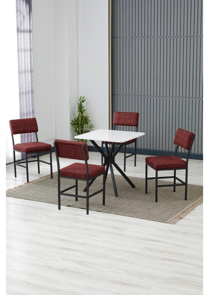 Dubai Modeli Kare Mutfak Masa Sandalye Takımı, 4 Sandalye 1 Sabit Beyaz Masa 70X70 Cm, Keten Kumaş