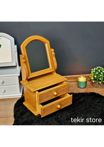 Hareketli Ahşap Aynalı 2 Çekmeceli Bambu Takı ve Makyaj Kutusu Organizer