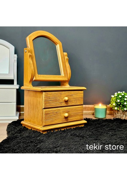 Hareketli Ahşap Aynalı 2 Çekmeceli Bambu Takı ve Makyaj Kutusu Organizer