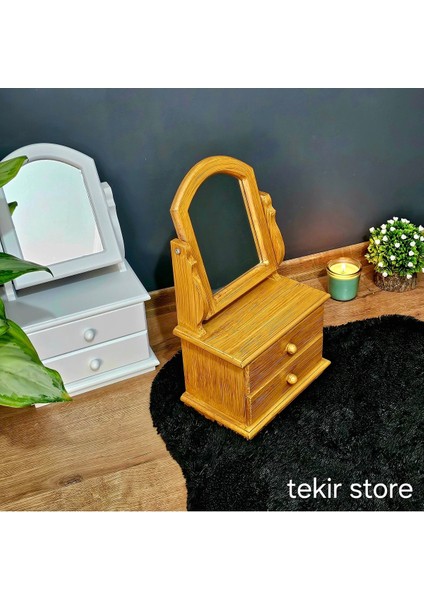 Hareketli Ahşap Aynalı 2 Çekmeceli Bambu Takı ve Makyaj Kutusu Organizer