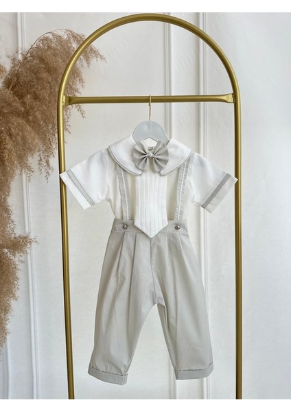 Erkek Bebek Çocuk Küf Yeşili Poplin Kumaş Önlüklü Salopet Alt Üst Takım