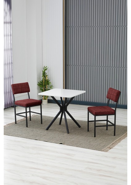 Dubai Modeli Kare Mutfak Masa Sandalye Takımı, 2 Sandalye 1 Sabit Beyaz Masa 70X70 Cm, Keten Kumaş