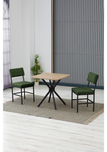 Dubai Modeli Kare Mutfak Masa Sandalye Takımı, 2 Sandalye 1 Sabit Ceviz Masa 70X70 Cm, Keten Kumaş