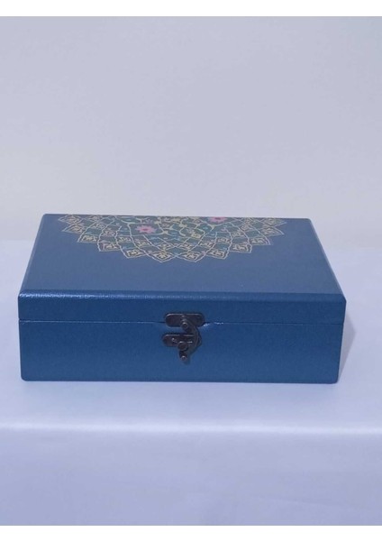 Mavi Ahşap Dekoratif Kutu, Takı ve Aksesuar Saklama, 15X22X7 cm