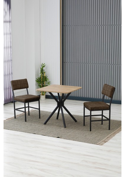 Dubai Modeli Kare Mutfak Masa Sandalye Takımı, 2 Sandalye 1 Sabit Ceviz Masa 70X70 Cm, Keten Kumaş