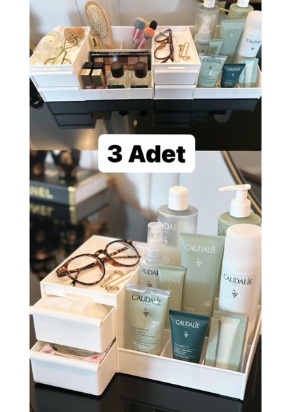 Beyaz Çok Gözlü Çekmeceli Katlı Makyaj ve Kozmetik Düzenleyici Seti