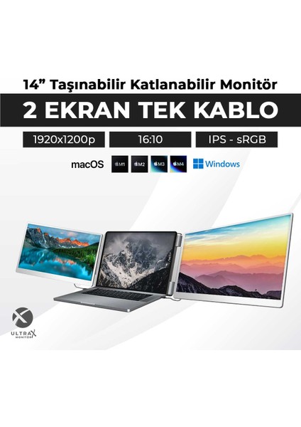 14″ Ikili Taşınabilir Monitör Çoklu Ekran 1200P Notebook Monitör