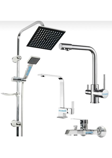 3 Girişli Mutfak Lüx Kare Lavabo Lüx Kare Banyo Robot Duş 4’lü Musluk Batarya Seti