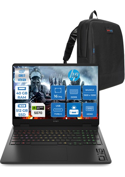 Omen Intel Core I7 14650HX 40GB Ddr5 512GB SSD 8GB/RTX5070 16" Wuxga 165Hz 400NIT SRGB Windows 11 Home Taşınabilir Bilgisayar 16AM0008NTH13 + Zettaçanta