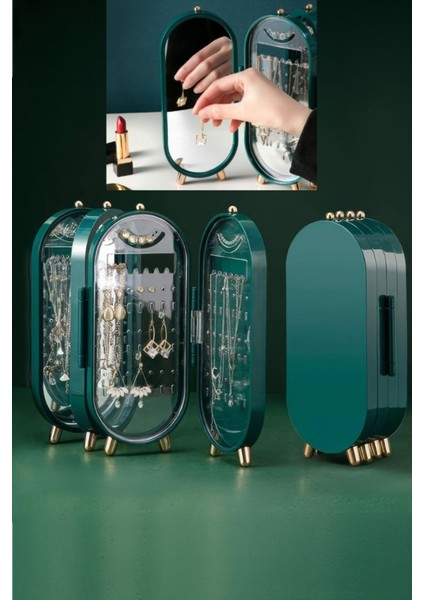 Yeşil Katlanabilir Aynalı 3 Bölmeli Takı Düzenleyici, Seyahat Için Mükemmel Organizer