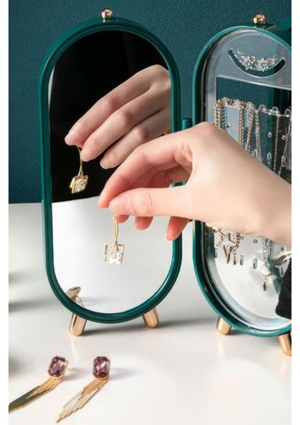 Yeşil Katlanabilir Aynalı 3 Bölmeli Takı Düzenleyici, Seyahat Için Mükemmel Organizer