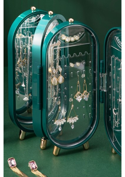 Yeşil Katlanabilir Aynalı 3 Bölmeli Takı Düzenleyici, Seyahat Için Mükemmel Organizer