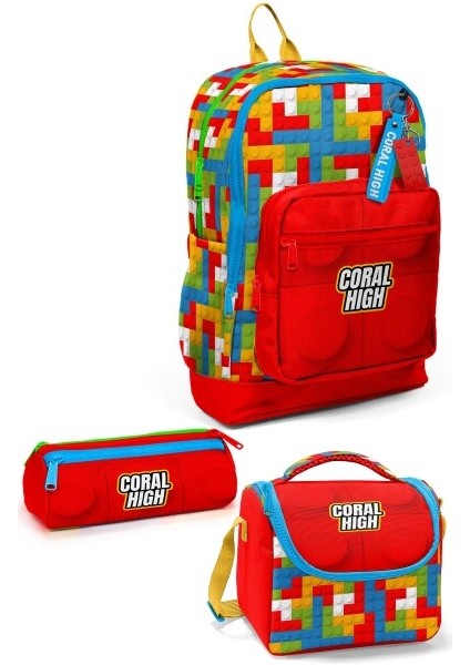 Renkli LEGO Blok Desenli 3'lü Okul Çanta Seti