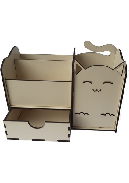 Kedili Ahşap Masa Düzenleyici, Şık ve Kullanışlı Makyaj Kutusu, Krem Bej Renk