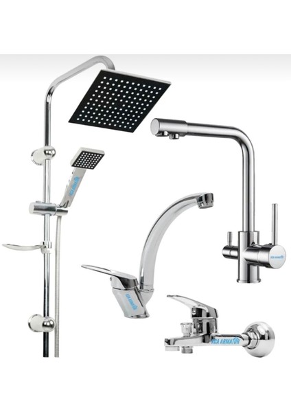 3 Girişli Mutfak Mix Lavabo Mix Banyo Robot Duş 4’lü Batarya Musluk Seti