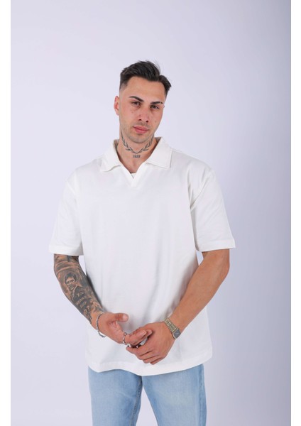 Unisex Polo Yaka Düz Ekru Oversize T-Shirt