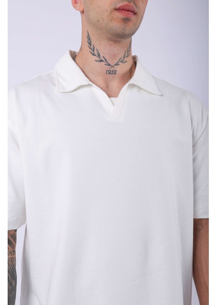 Unisex Polo Yaka Düz Ekru Oversize T-Shirt fiyatları